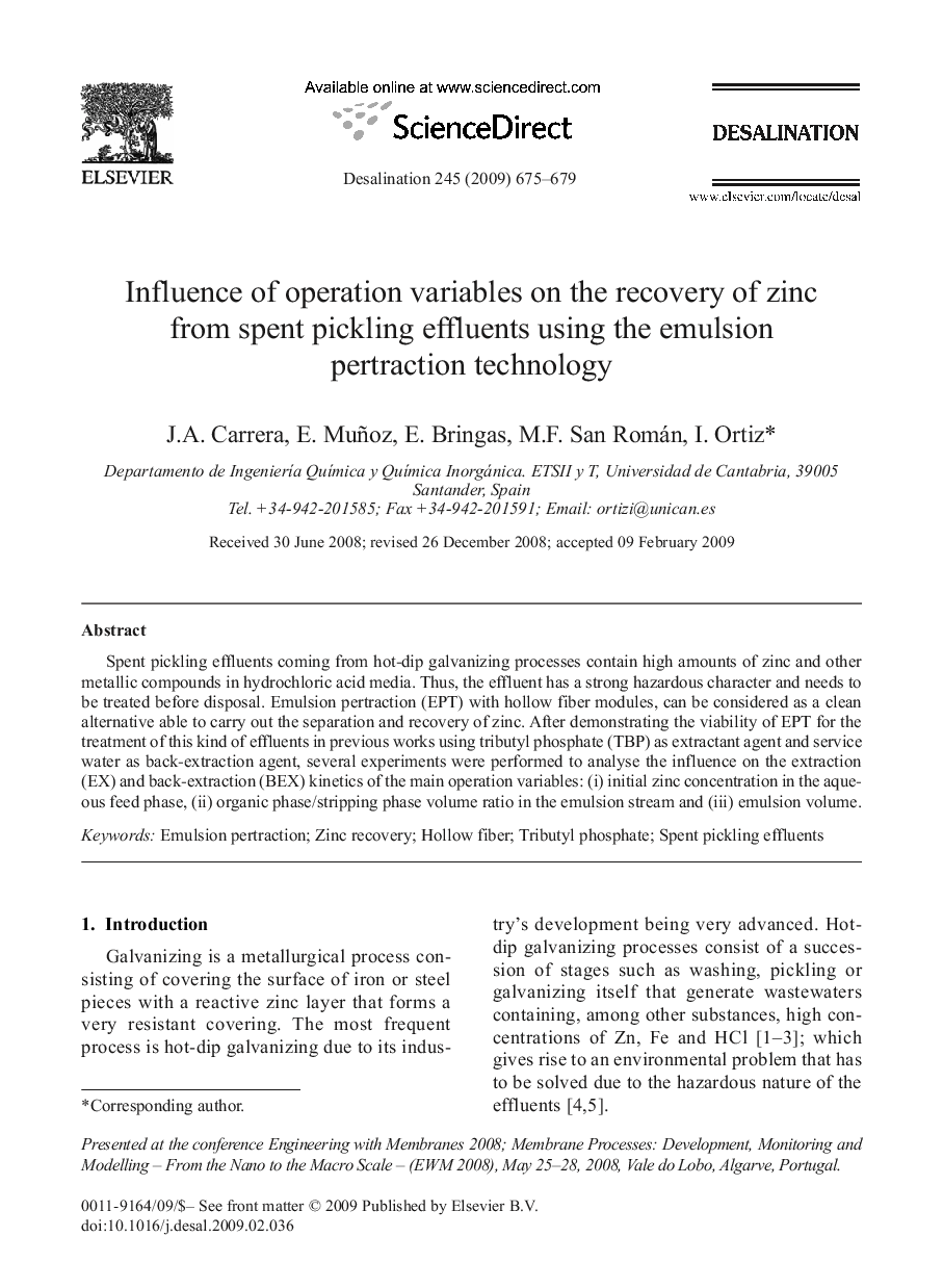 Influence of operation variables on the recovery of zinc from spent pickling effluents using the emulsion pertraction technology