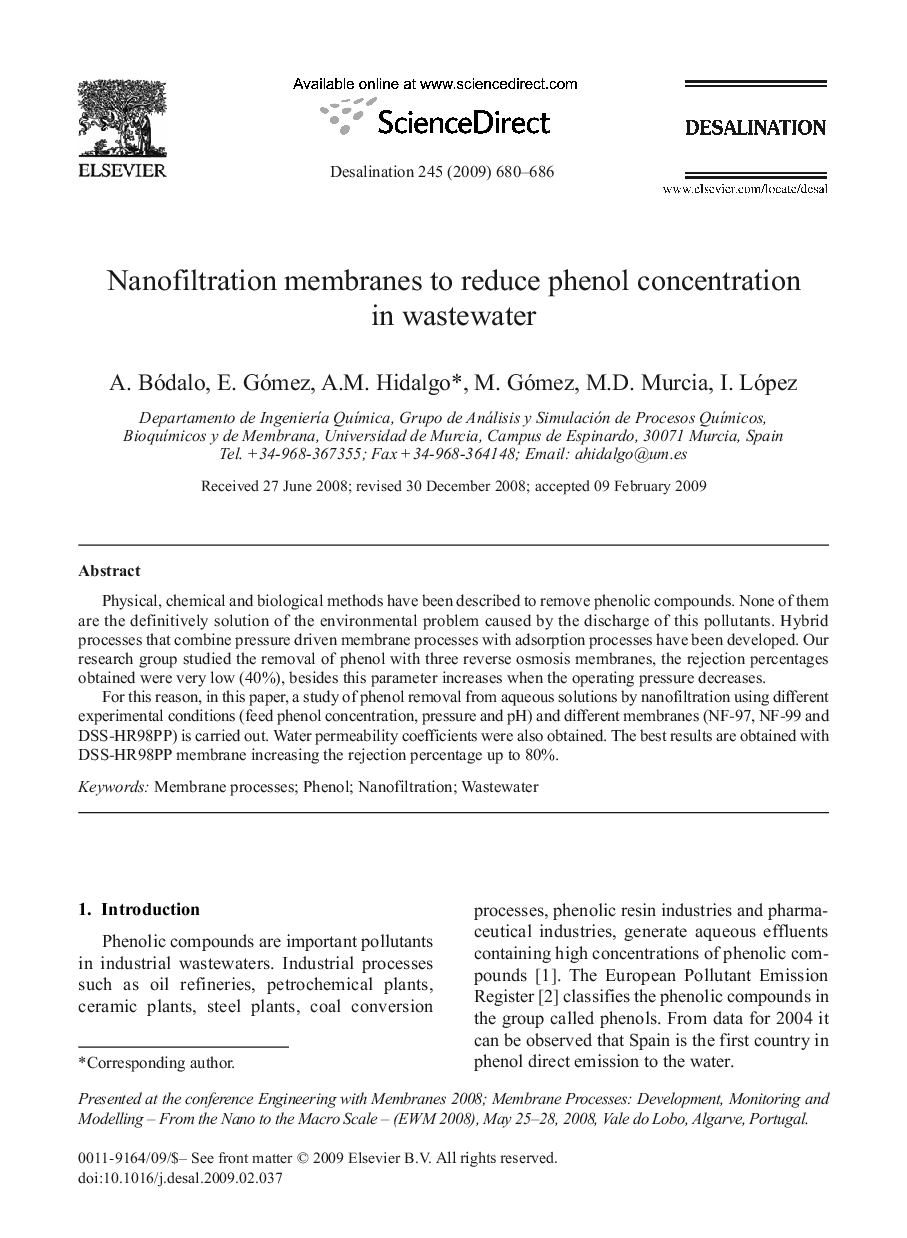 Nanofiltration membranes to reduce phenol concentration in wastewater