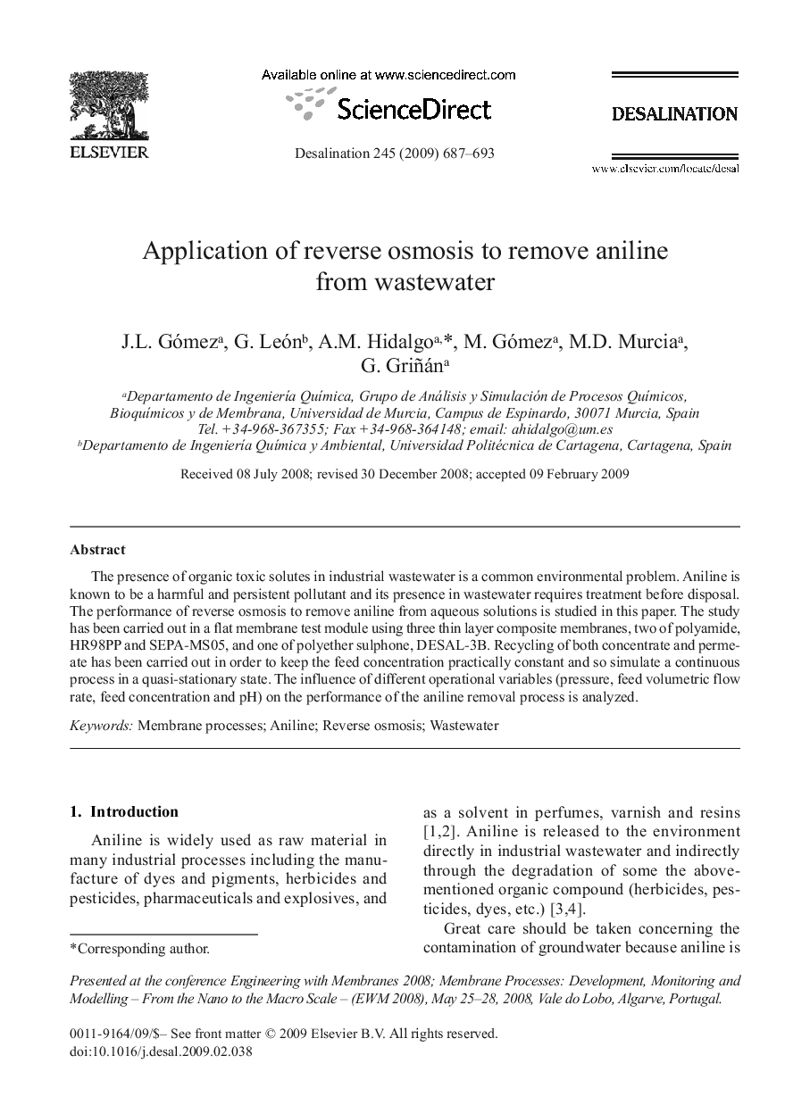 Application of reverse osmosis to remove aniline from wastewater