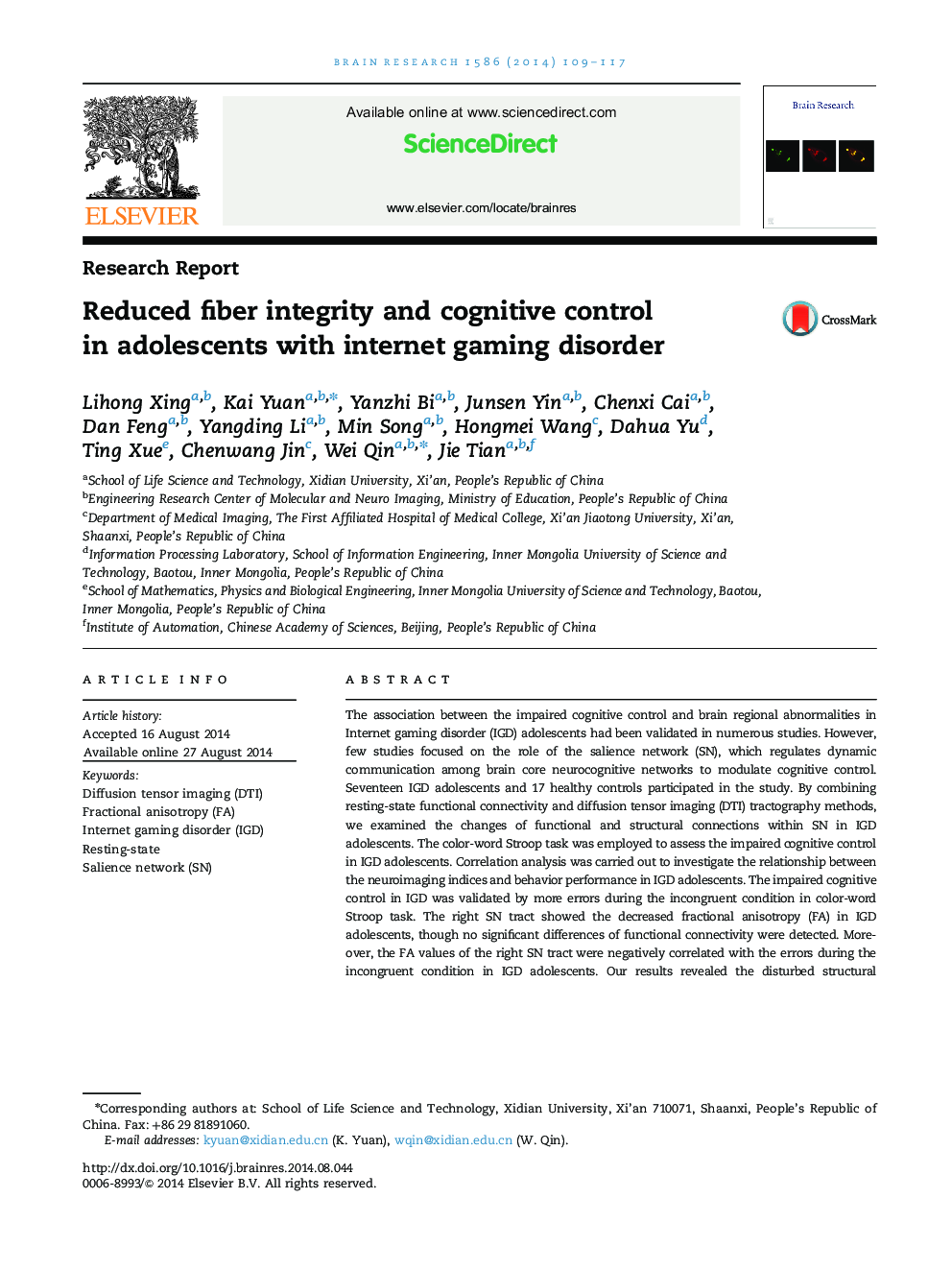 Research ReportReduced fiber integrity and cognitive control in adolescents with internet gaming disorder