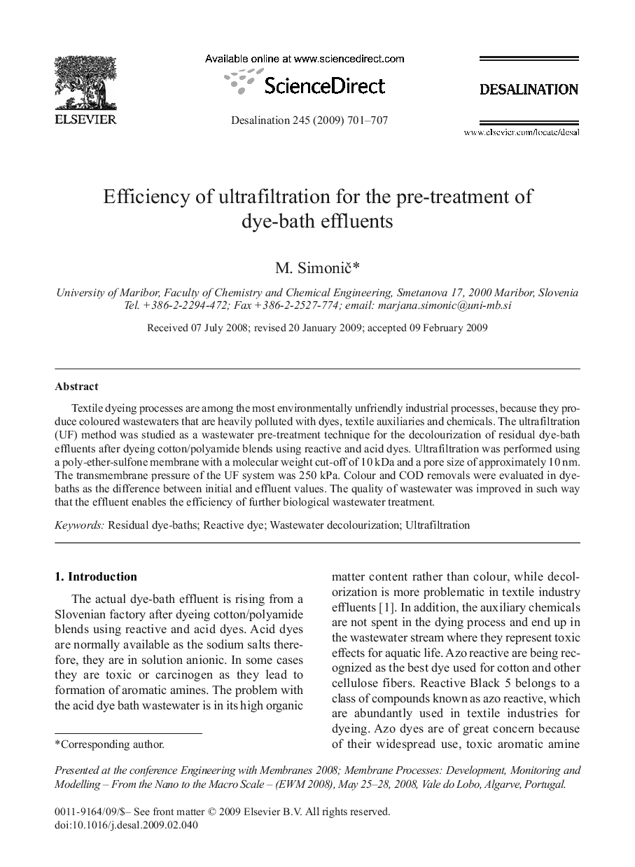 Efficiency of ultrafiltration for the pre-treatment of dye-bath effluents