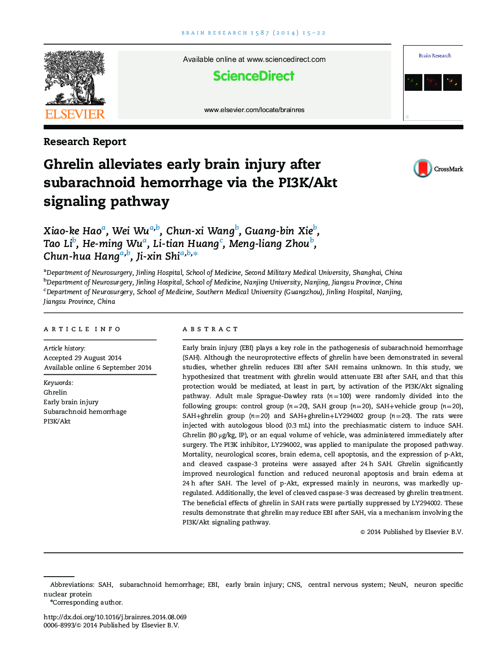 Research ReportGhrelin alleviates early brain injury after subarachnoid hemorrhage via the PI3K/Akt signaling pathway