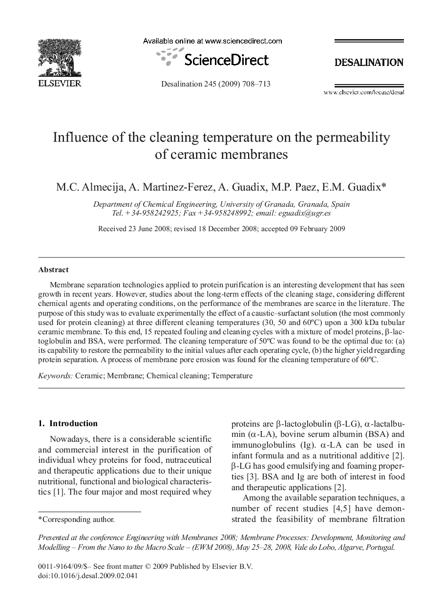 عکس صفحه اول مقاله: Influence of the cleaning temperature on the permeability of ceramic membranes Influence of the cleaning temperature on the permeability of ceramic membranes