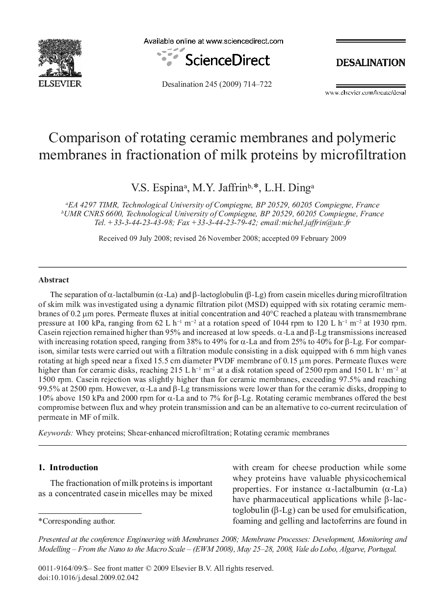 Comparison of rotating ceramic membranes and polymeric membranes in fractionation of milk proteins by microfiltration