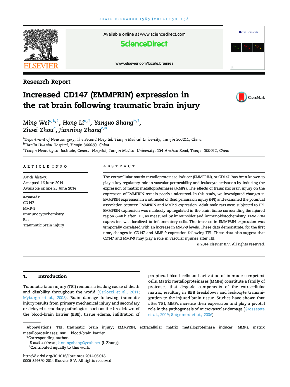 Research ReportIncreased CD147 (EMMPRIN) expression in the rat brain following traumatic brain injury