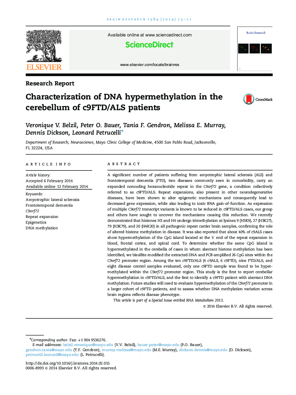 Research ReportCharacterization of DNA hypermethylation in the cerebellum of c9FTD/ALS patients