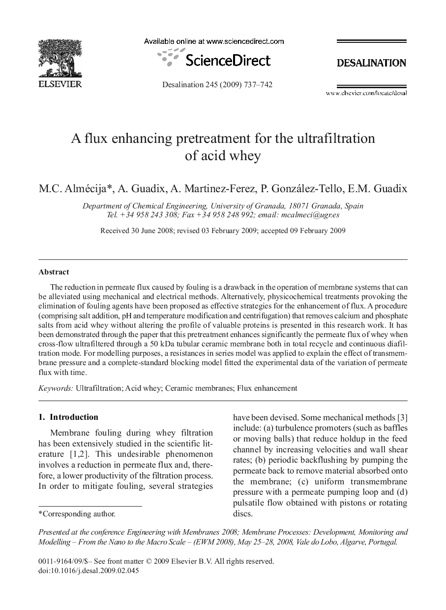 A flux enhancing pretreatment for the ultrafiltration of acid whey