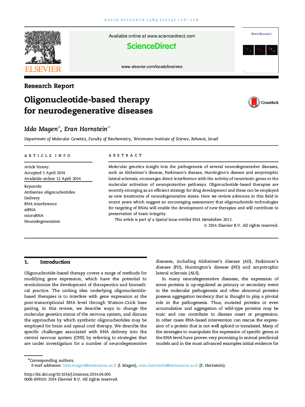 Research ReportOligonucleotide-based therapy for neurodegenerative diseases