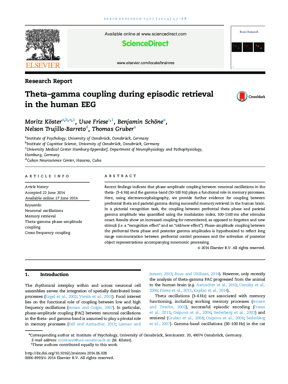 Research ReportTheta-gamma coupling during episodic retrieval in the human EEG