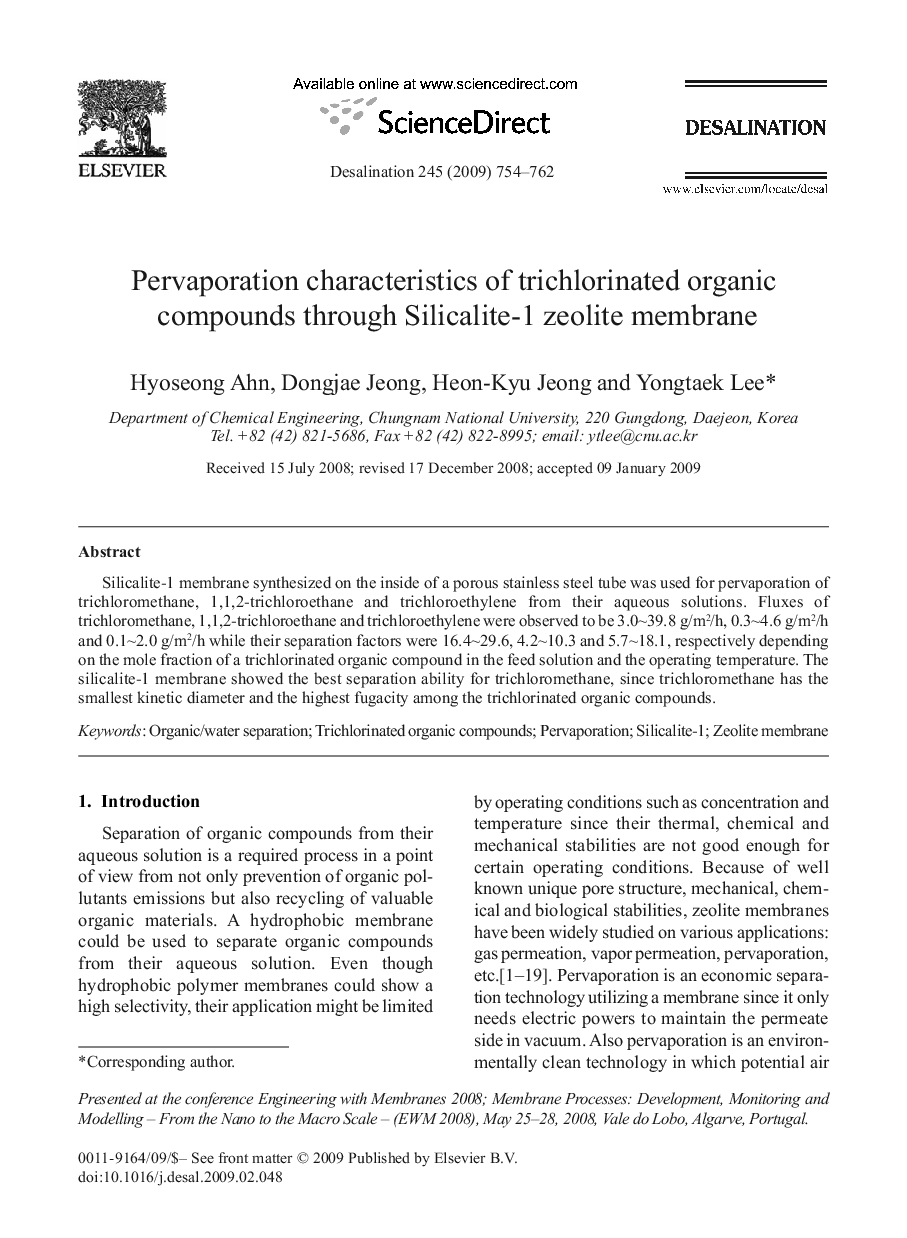 Pervaporation characteristics of trichlorinated organic compounds through Silicalite-1 zeolite membrane