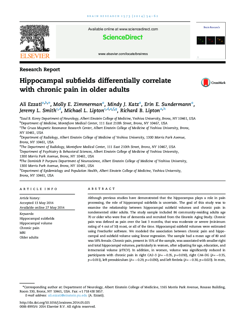 Research ReportHippocampal subfields differentially correlate with chronic pain in older adults
