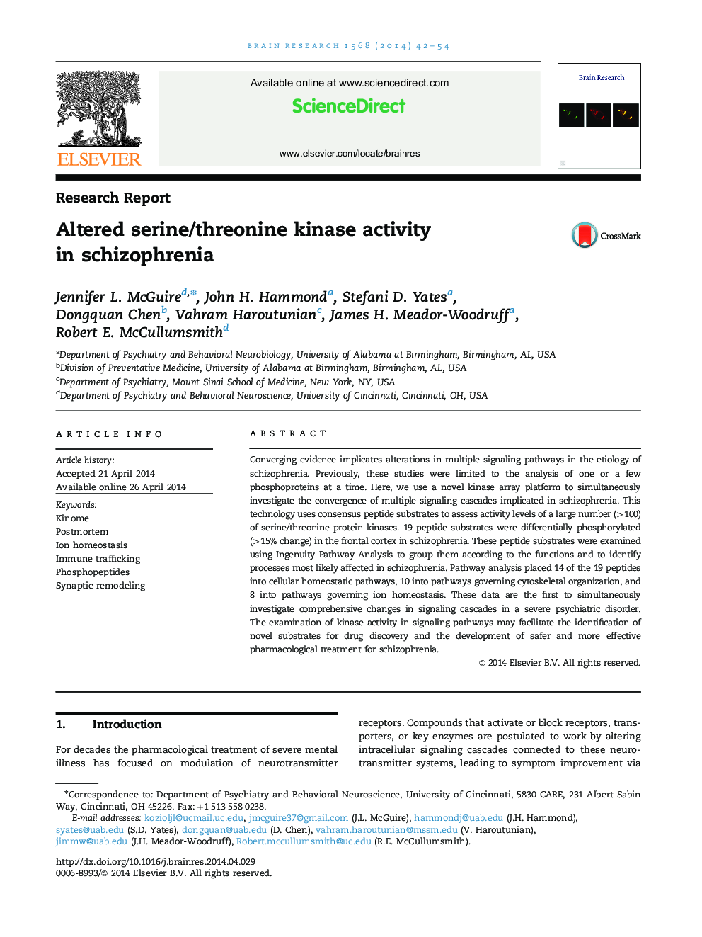 Research ReportAltered serine/threonine kinase activity in schizophrenia