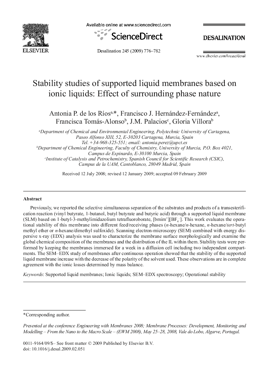 عکس صفحه اول مقاله: Stability studies of supported liquid membranes based on ionic liquids: Effect of surrounding phase nature Stability studies of supported liquid membranes based on ionic liquids: Effect of surrounding phase nature