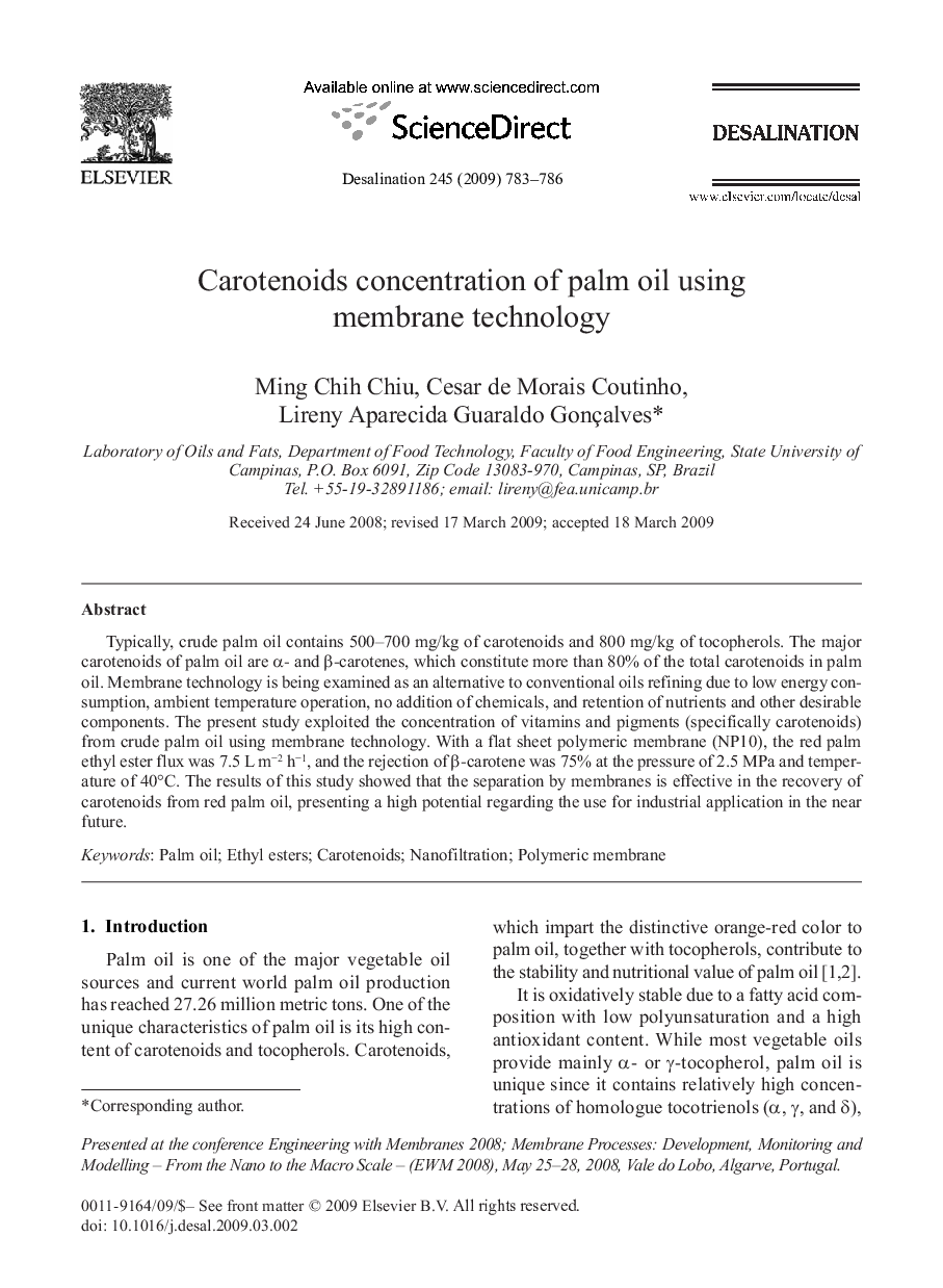 Carotenoids concentration of palm oil using membrane technology