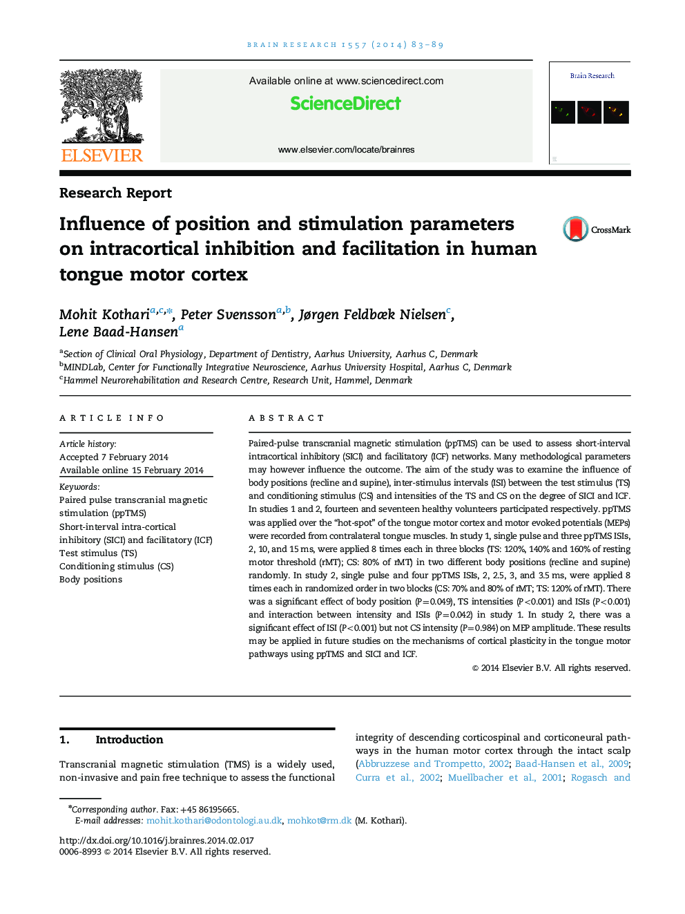 Research ReportInfluence of position and stimulation parameters on intracortical inhibition and facilitation in human tongue motor cortex