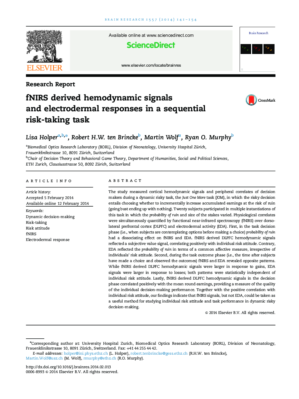 Research ReportfNIRS derived hemodynamic signals and electrodermal responses in a sequential risk-taking task