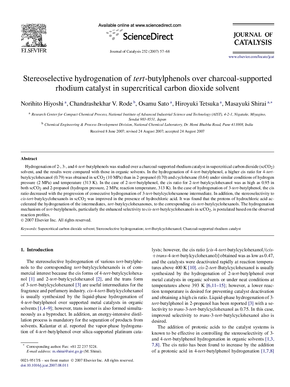 Stereoselective hydrogenation of tert-butylphenols over charcoal-supported rhodium catalyst in supercritical carbon dioxide solvent