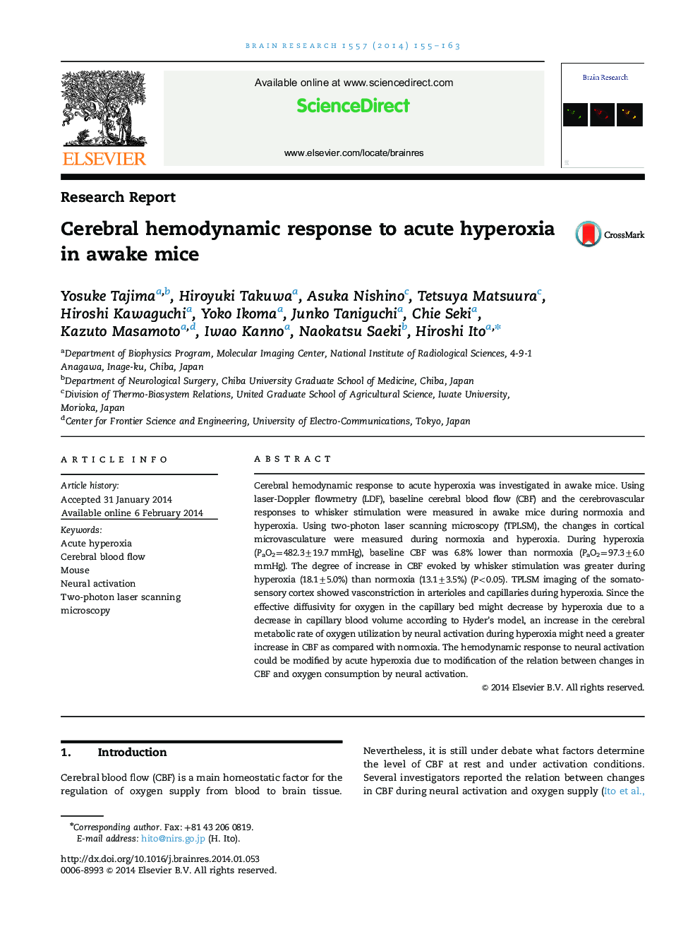 Research ReportCerebral hemodynamic response to acute hyperoxia in awake mice