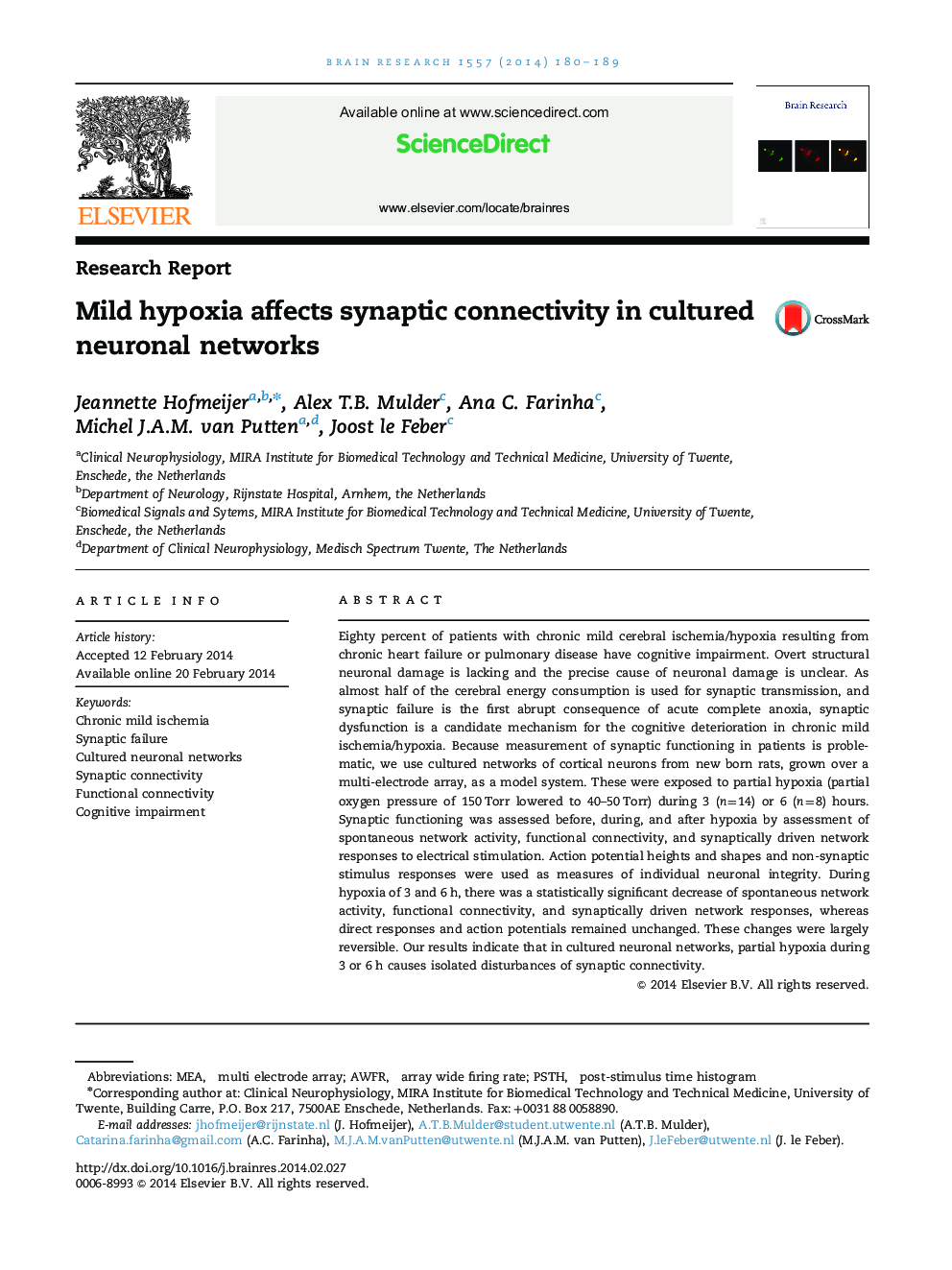 Research ReportMild hypoxia affects synaptic connectivity in cultured neuronal networks