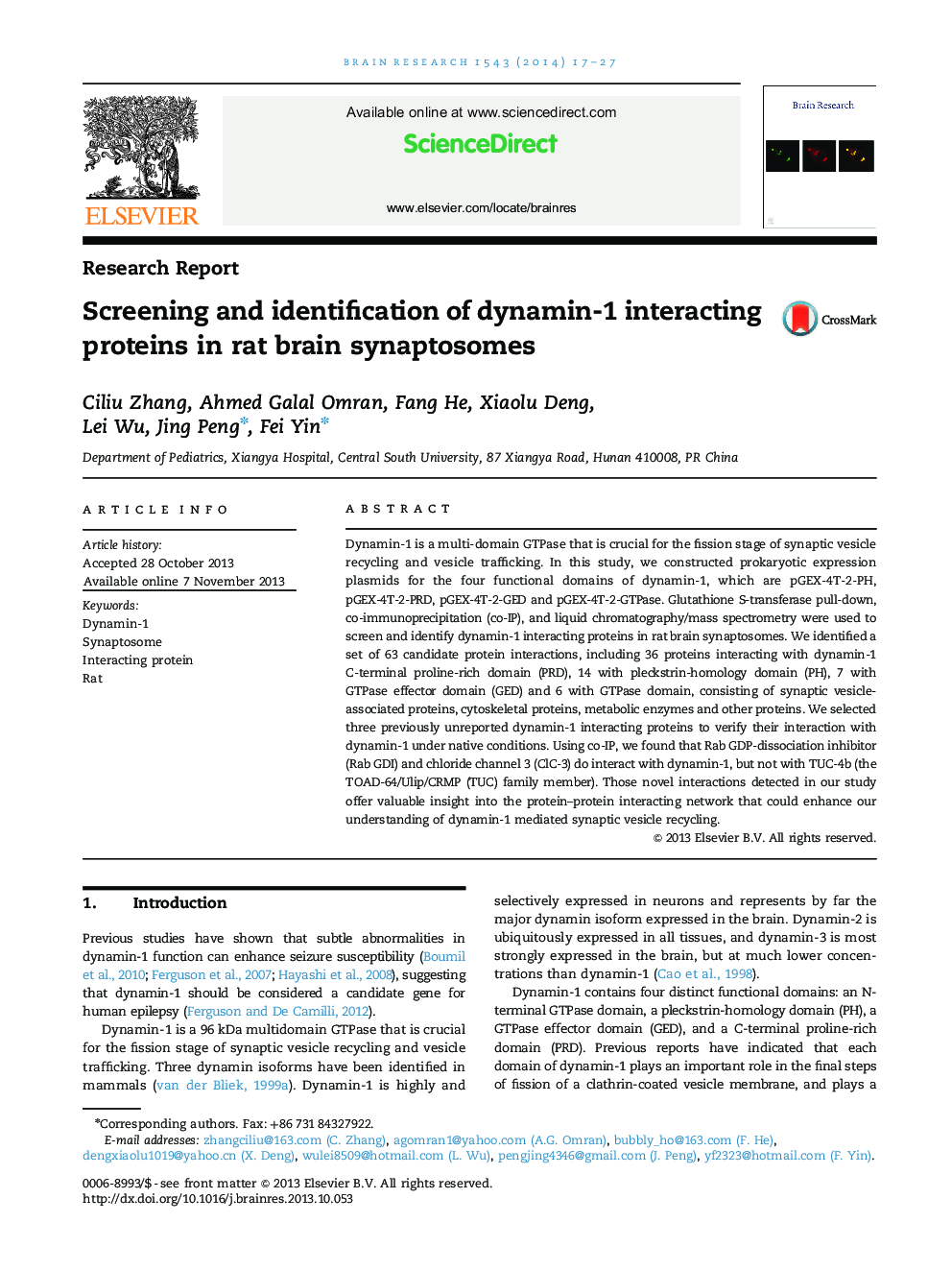 Research ReportScreening and identification of dynamin-1 interacting proteins in rat brain synaptosomes