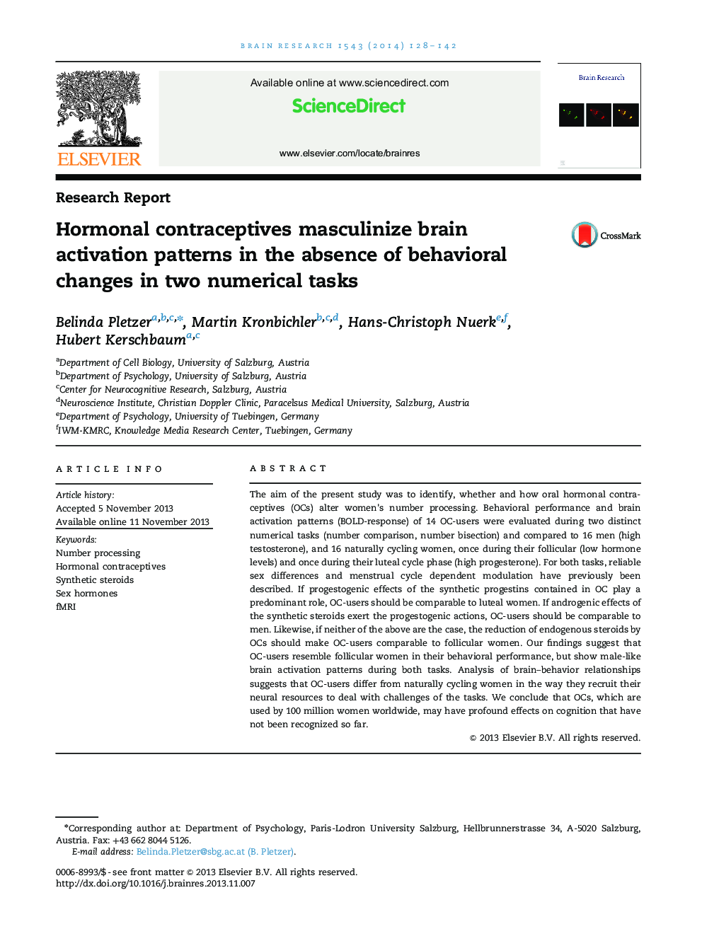 Research ReportHormonal contraceptives masculinize brain activation patterns in the absence of behavioral changes in two numerical tasks