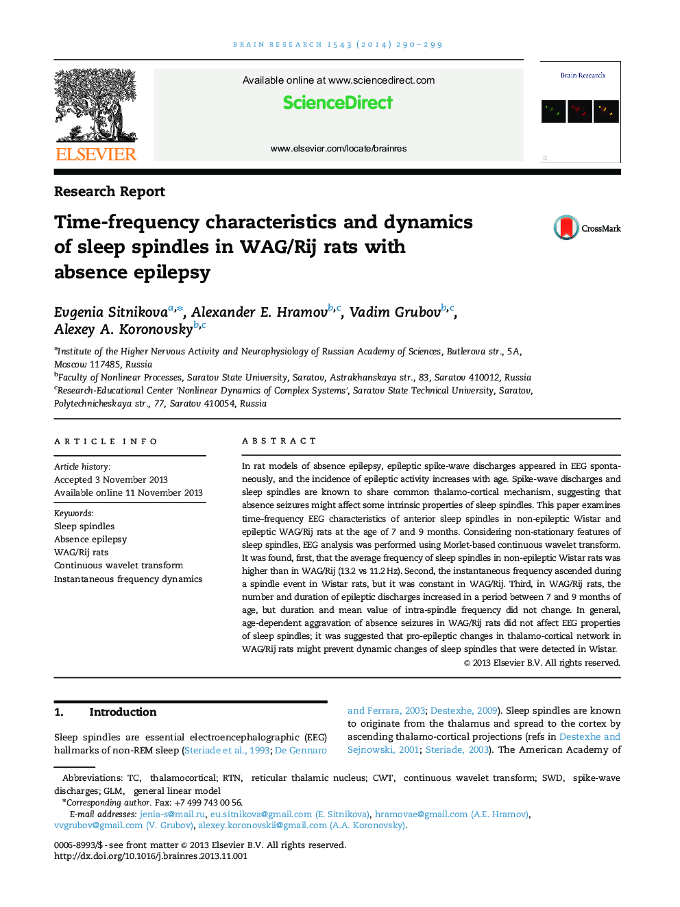 Research ReportTime-frequency characteristics and dynamics of sleep spindles in WAG/Rij rats with absence epilepsy