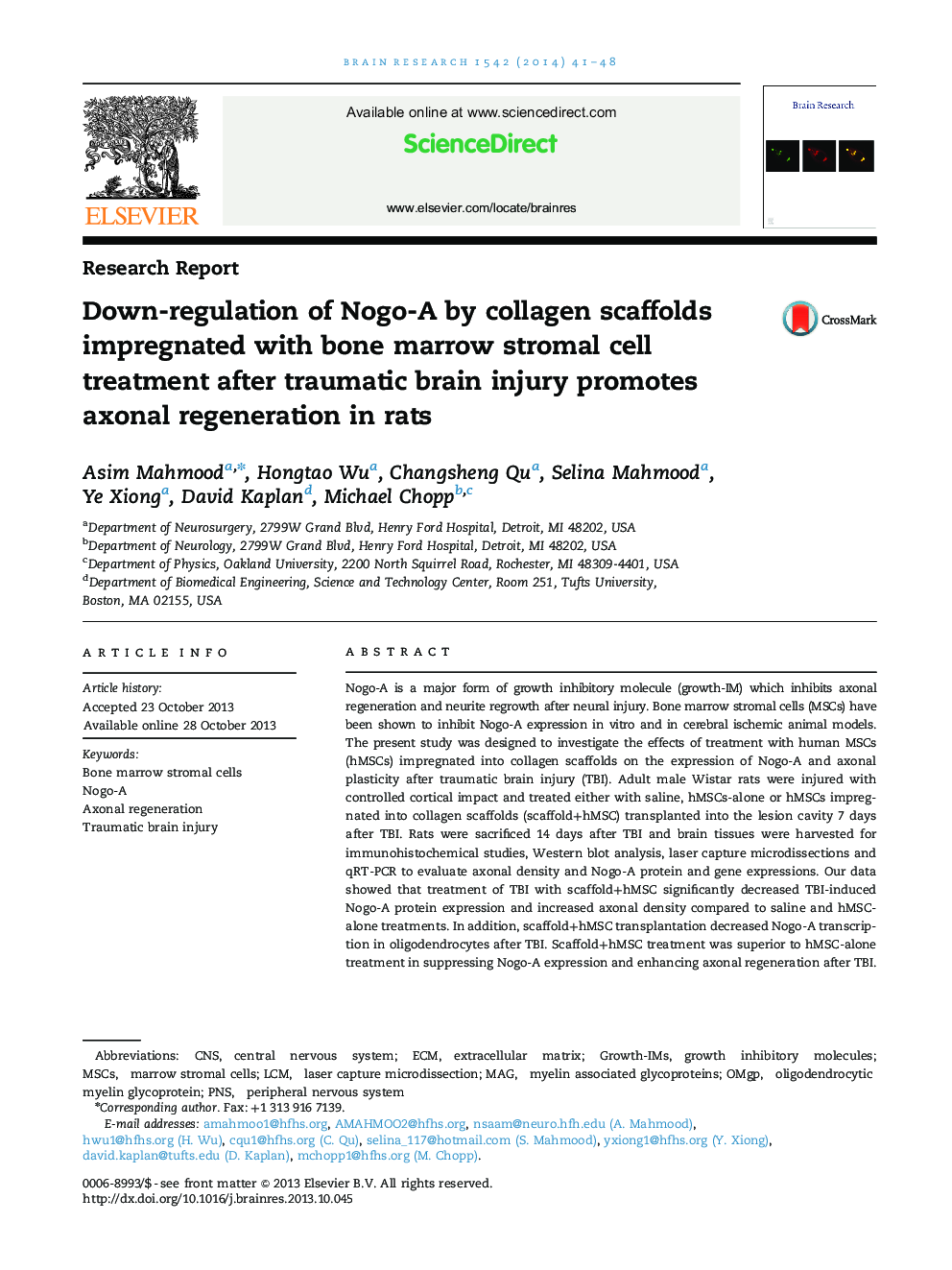 Research ReportDown-regulation of Nogo-A by collagen scaffolds impregnated with bone marrow stromal cell treatment after traumatic brain injury promotes axonal regeneration in rats