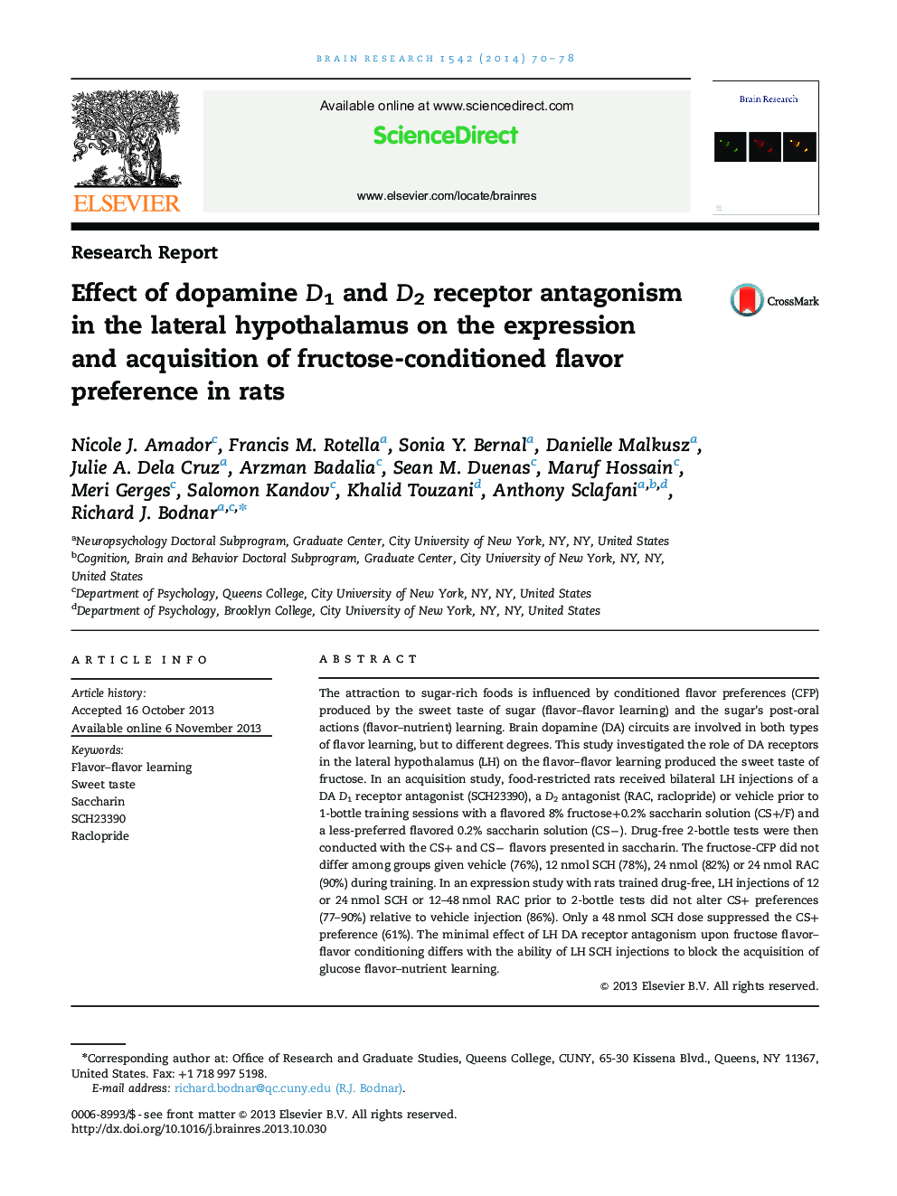 Research ReportEffect of dopamine D1 and D2 receptor antagonism in the lateral hypothalamus on the expression and acquisition of fructose-conditioned flavor preference in rats