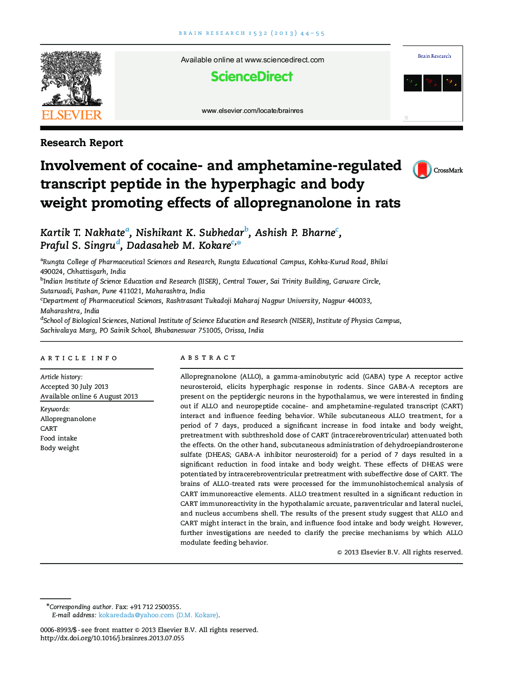Research ReportInvolvement of cocaine- and amphetamine-regulated transcript peptide in the hyperphagic and body weight promoting effects of allopregnanolone in rats