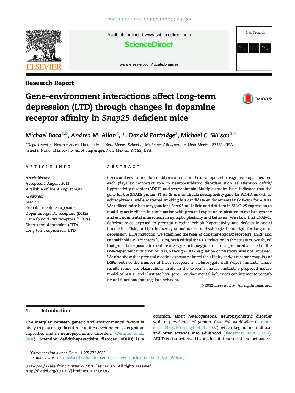 Research ReportGene-environment interactions affect long-term depression (LTD) through changes in dopamine receptor affinity in Snap25 deficient mice