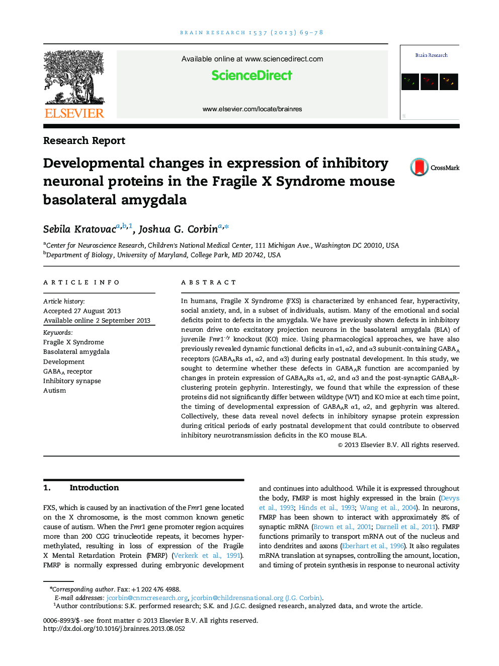 Research ReportDevelopmental changes in expression of inhibitory neuronal proteins in the Fragile X Syndrome mouse basolateral amygdala