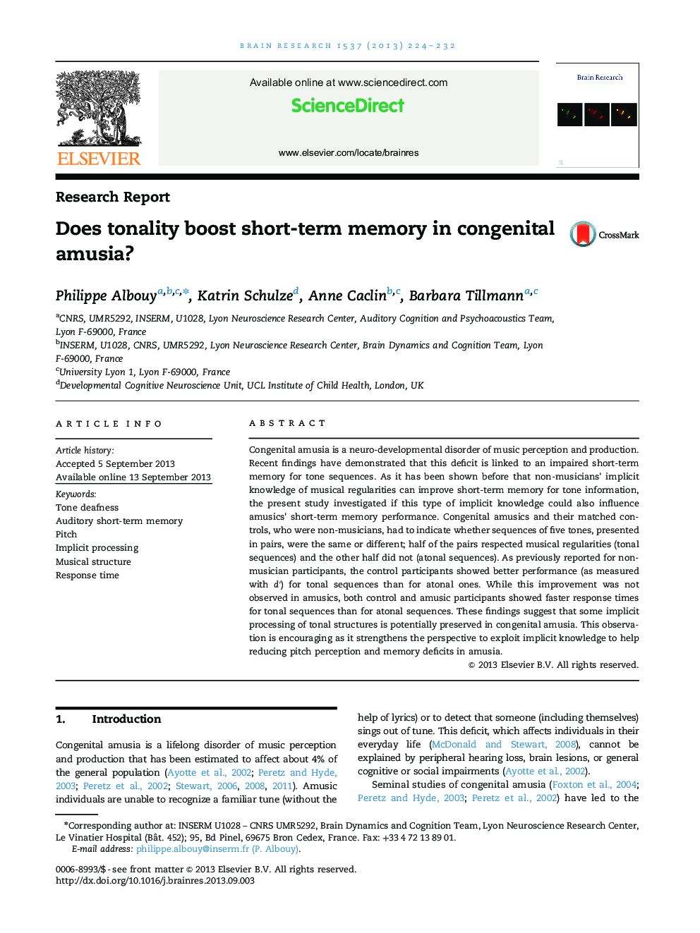 Research ReportDoes tonality boost short-term memory in congenital amusia?