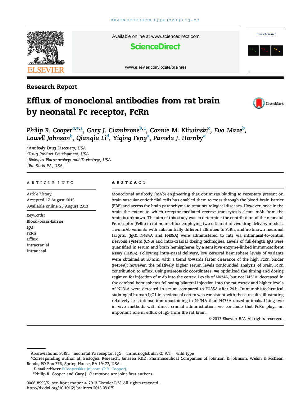 Research ReportEfflux of monoclonal antibodies from rat brain by neonatal Fc receptor, FcRn