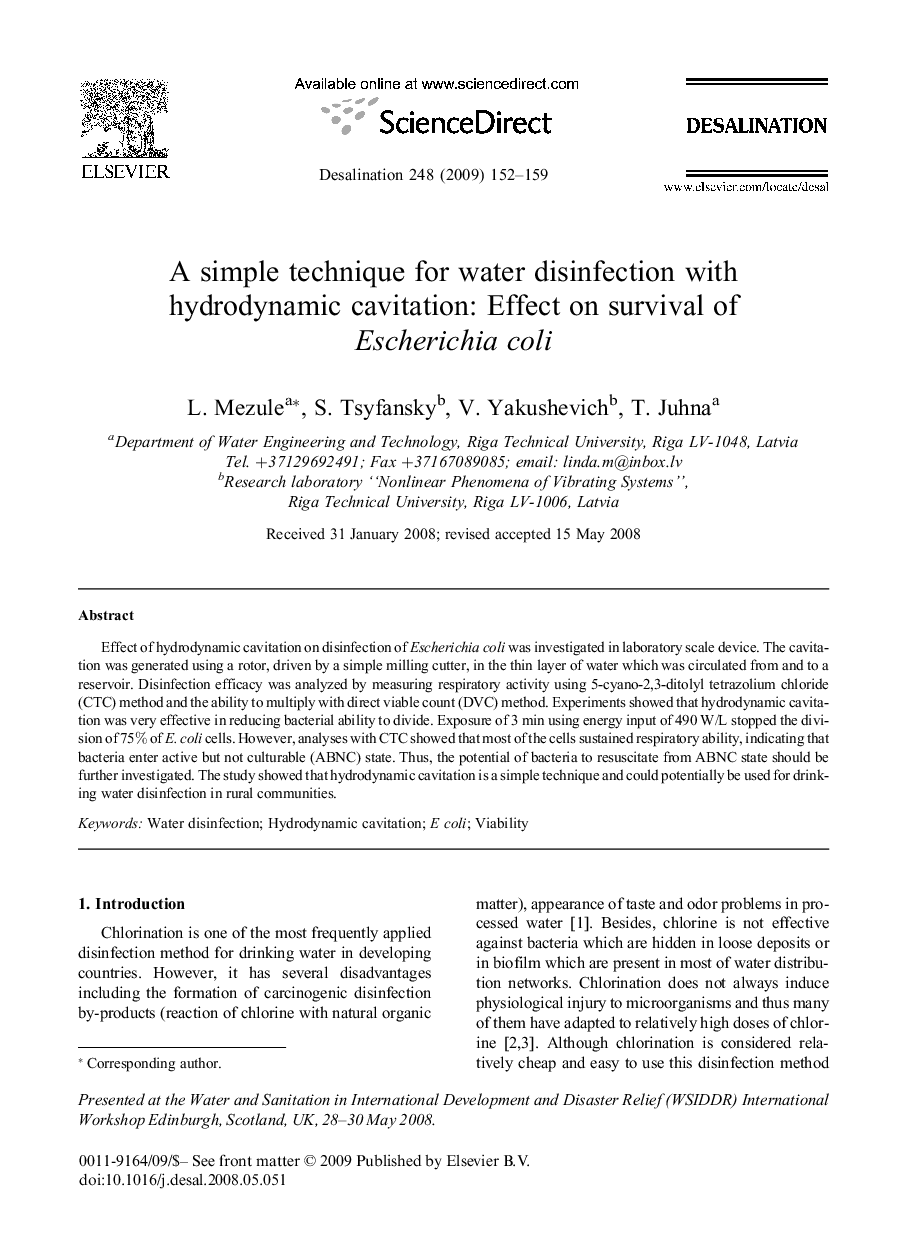 A simple technique for water disinfection with hydrodynamic cavitation: Effect on survival of Escherichia coli