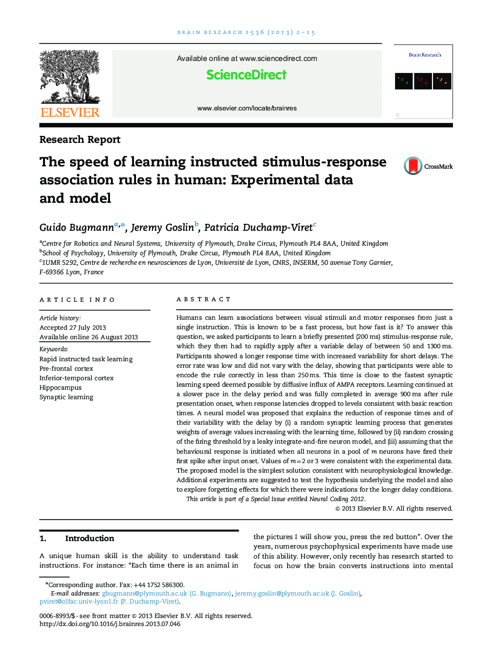 Research ReportThe speed of learning instructed stimulus-response association rules in human: Experimental data and model