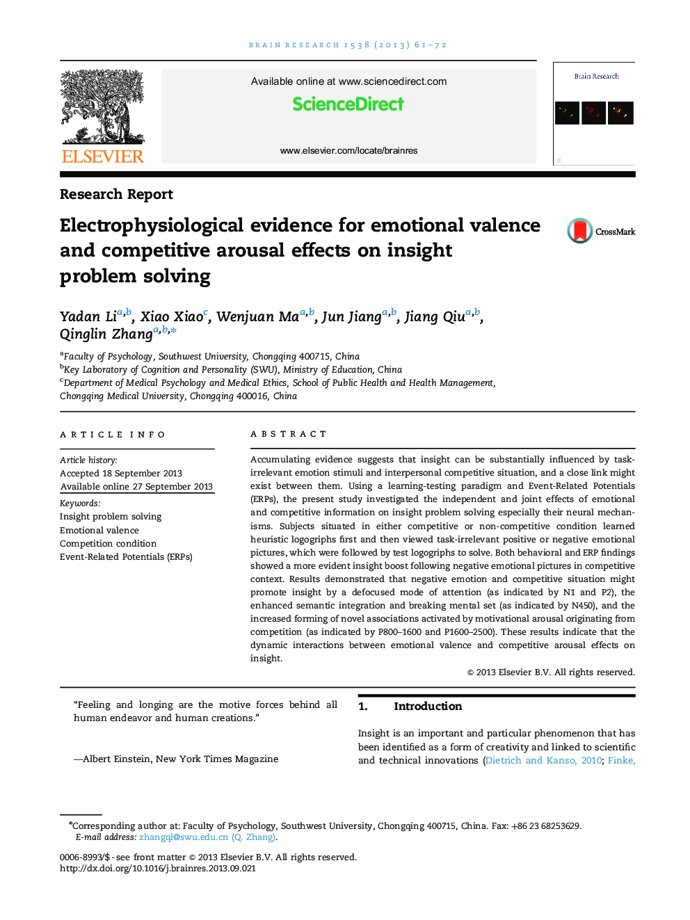 Research ReportElectrophysiological evidence for emotional valence and competitive arousal effects on insight problem solving