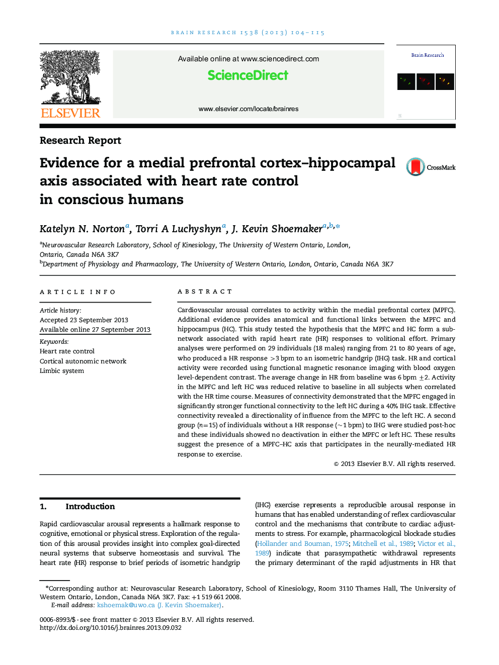 Research ReportEvidence for a medial prefrontal cortex-hippocampal axis associated with heart rate control in conscious humans