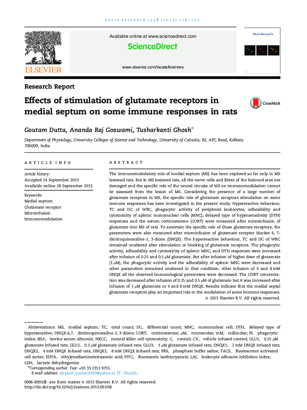 Research ReportEffects of stimulation of glutamate receptors in medial septum on some immune responses in rats