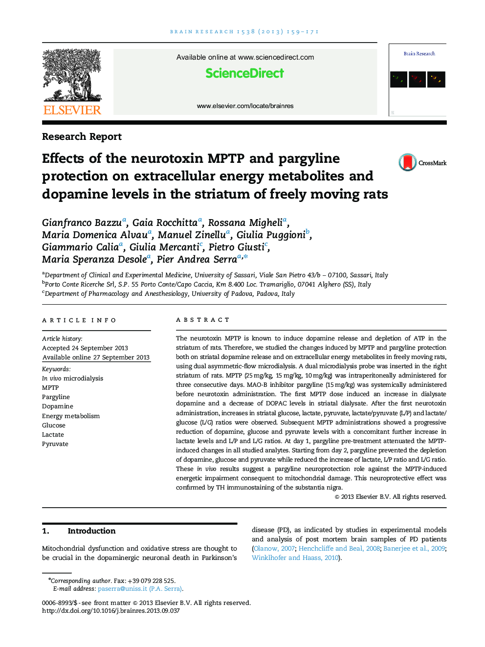 Research ReportEffects of the neurotoxin MPTP and pargyline protection on extracellular energy metabolites and dopamine levels in the striatum of freely moving rats