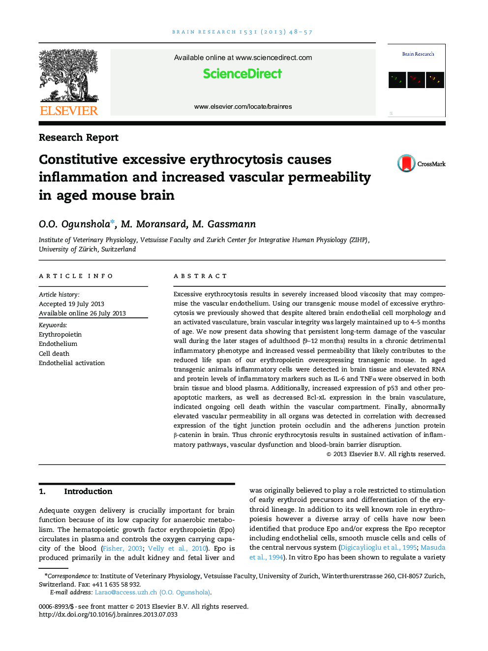 Research ReportConstitutive excessive erythrocytosis causes inflammation and increased vascular permeability in aged mouse brain