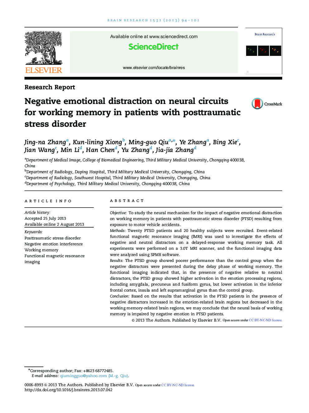 Research ReportNegative emotional distraction on neural circuits for working memory in patients with posttraumatic stress disorder