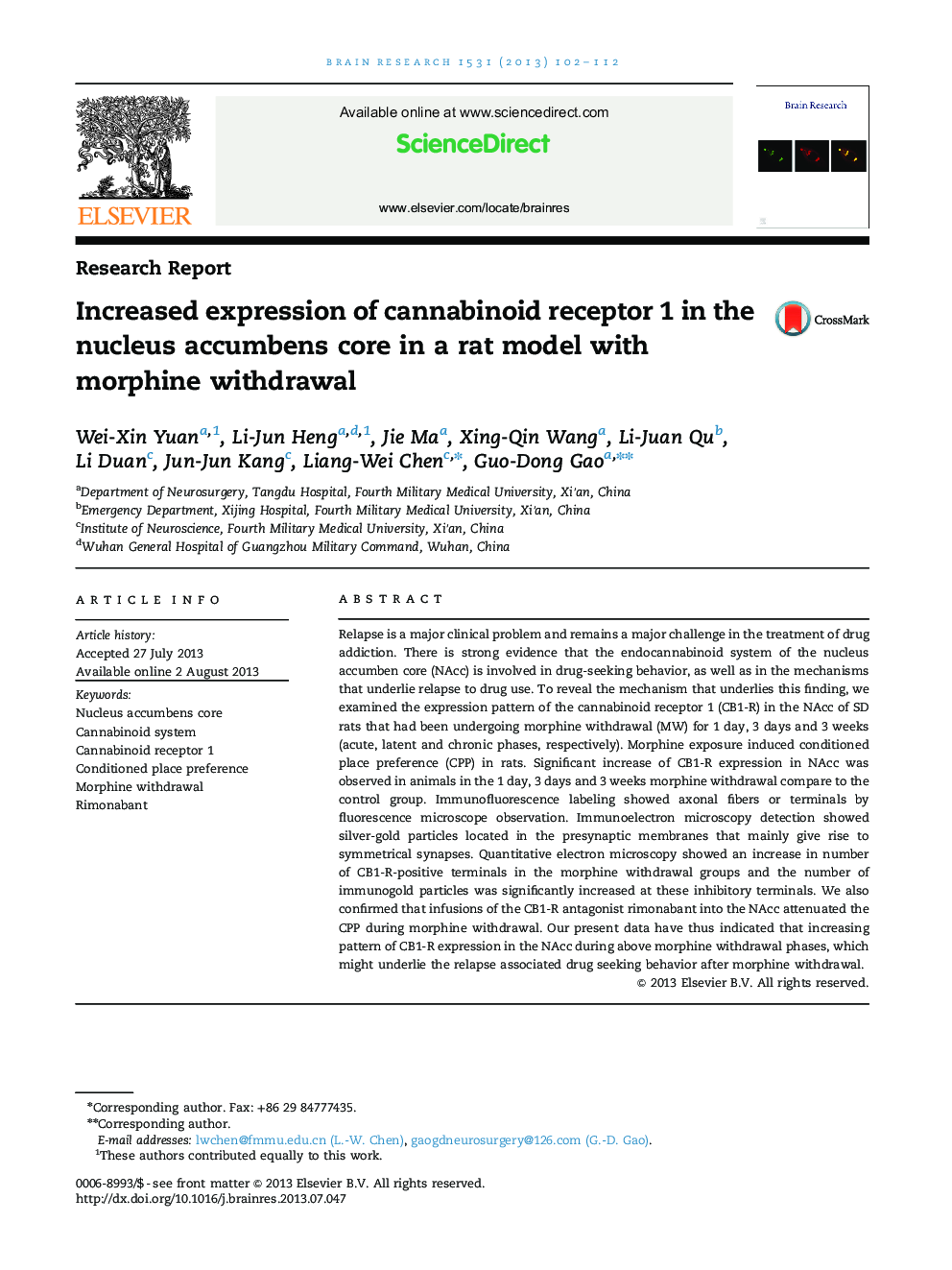 Research ReportIncreased expression of cannabinoid receptor 1 in the nucleus accumbens core in a rat model with morphine withdrawal