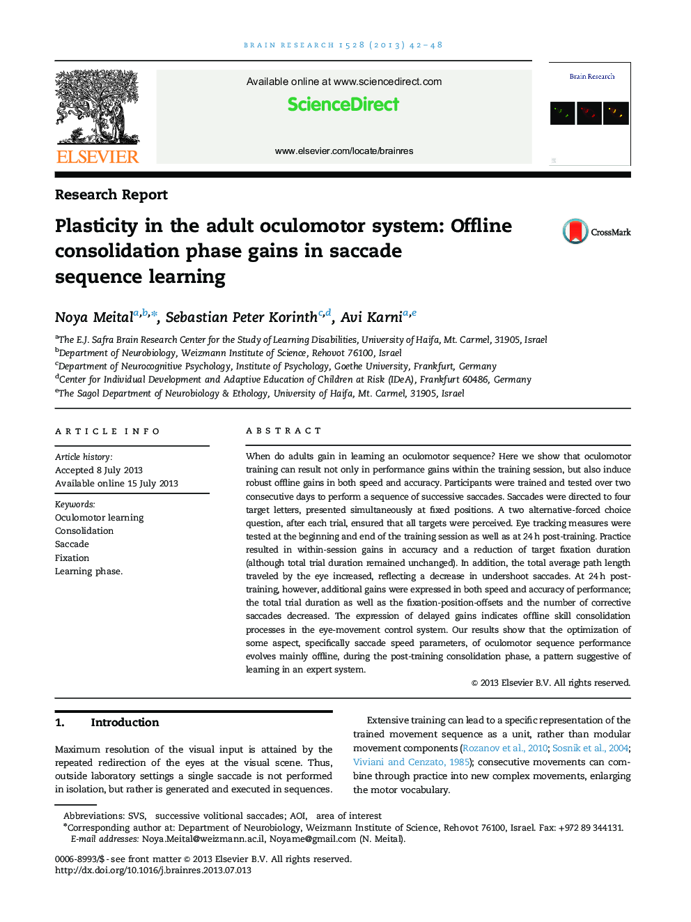 Plasticity in the adult oculomotor system: Offline consolidation phase gains in saccade sequence learning