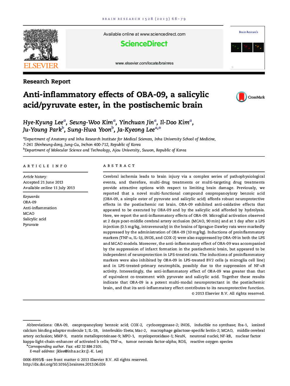 Research ReportAnti-inflammatory effects of OBA-09, a salicylic acid/pyruvate ester, in the postischemic brain