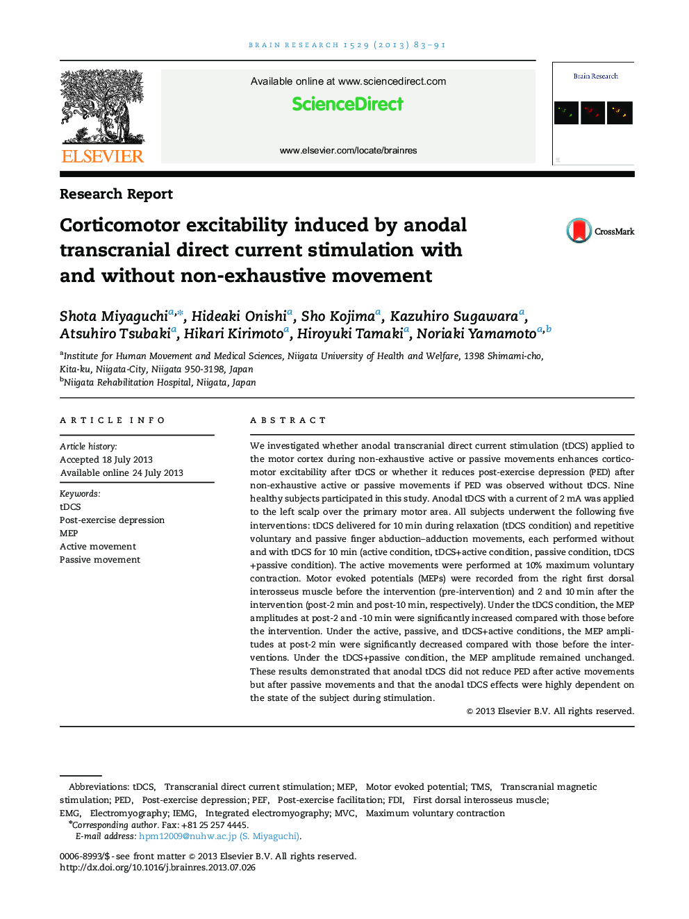 Research ReportCorticomotor excitability induced by anodal transcranial direct current stimulation with and without non-exhaustive movement