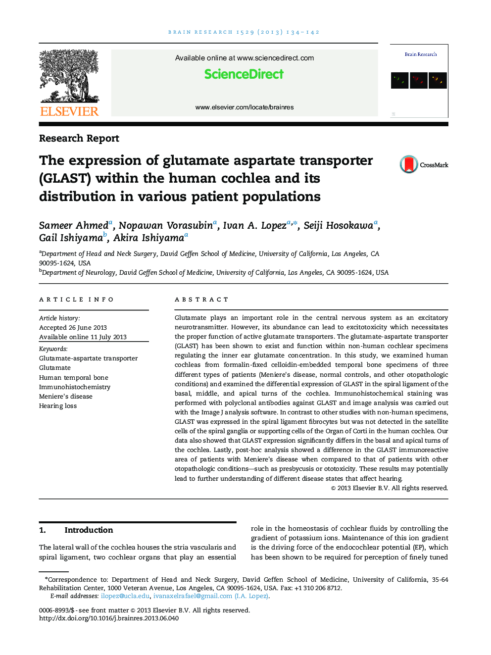 Research ReportThe expression of glutamate aspartate transporter (GLAST) within the human cochlea and its distribution in various patient populations