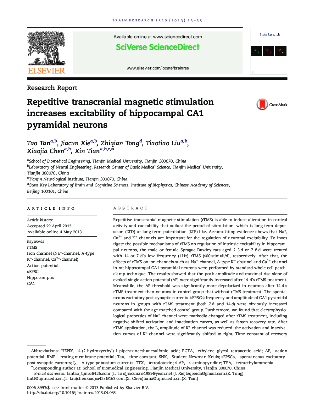 Research ReportRepetitive transcranial magnetic stimulation increases excitability of hippocampal CA1 pyramidal neurons