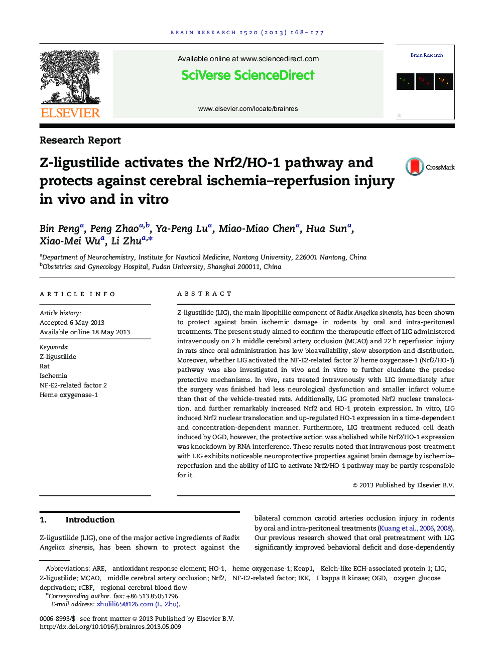 Research ReportZ-ligustilide activates the Nrf2/HO-1 pathway and protects against cerebral ischemia-reperfusion injury in vivo and in vitro