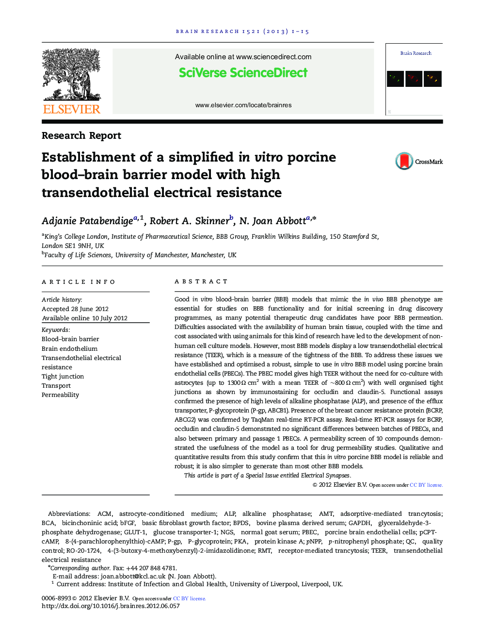 عکس صفحه اول مقاله: Research ReportEstablishment of a simplified in vitro porcine blood-brain barrier model with high transendothelial electrical resistance Research ReportEstablishment of a simplified in vitro porcine blood-brain barrier model with high transendothelial electrical resistance