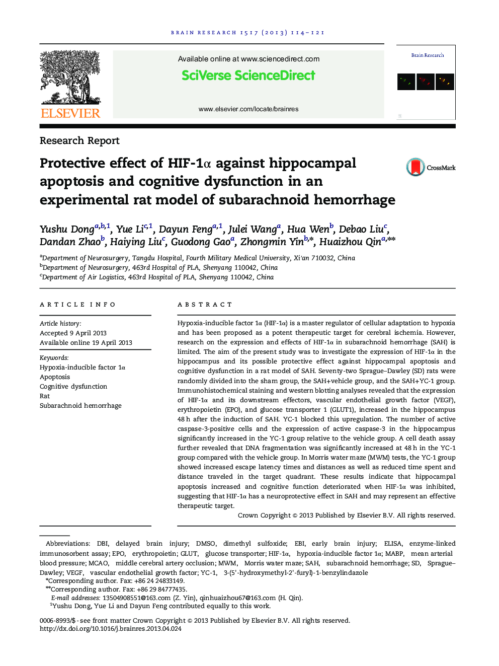 Research ReportProtective effect of HIF-1Î± against hippocampal apoptosis and cognitive dysfunction in an experimental rat model of subarachnoid hemorrhage